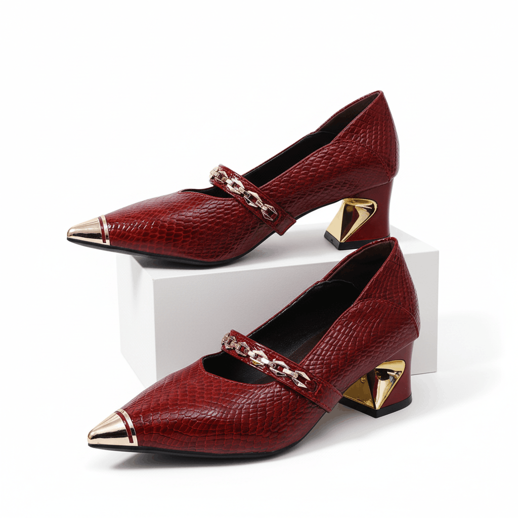 Women's Gold Textured Leather Block Heel Heels Corvine