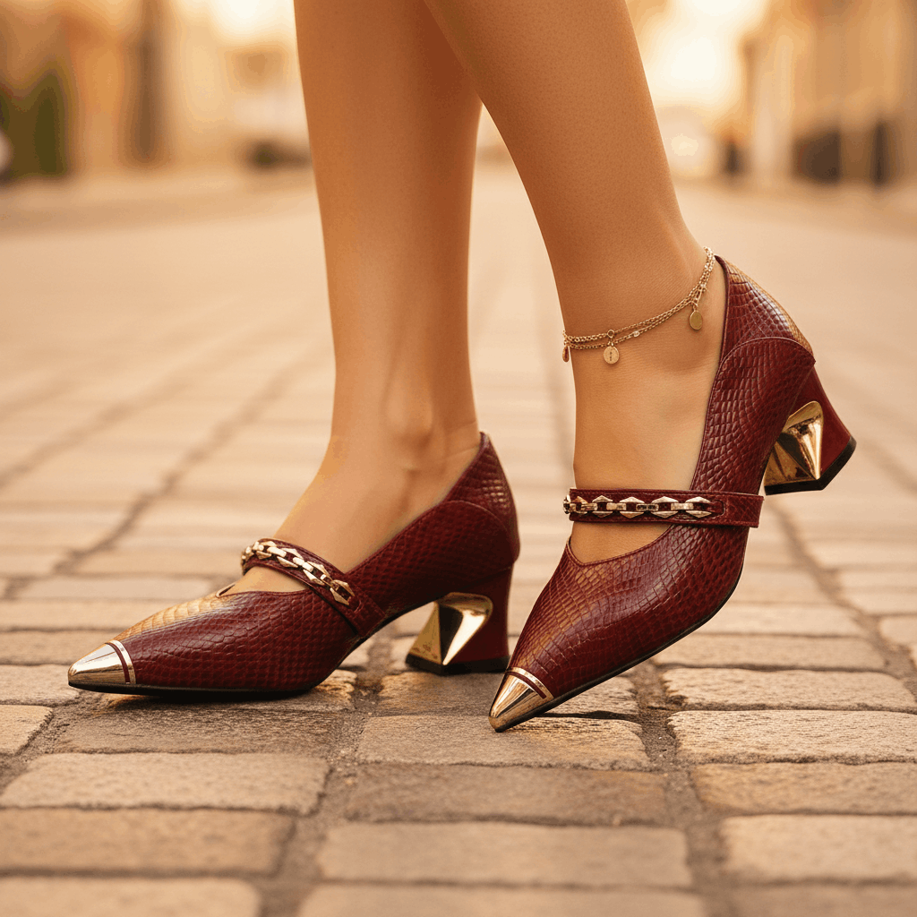 Women's Gold Textured Leather Block Heel Heels Corvine