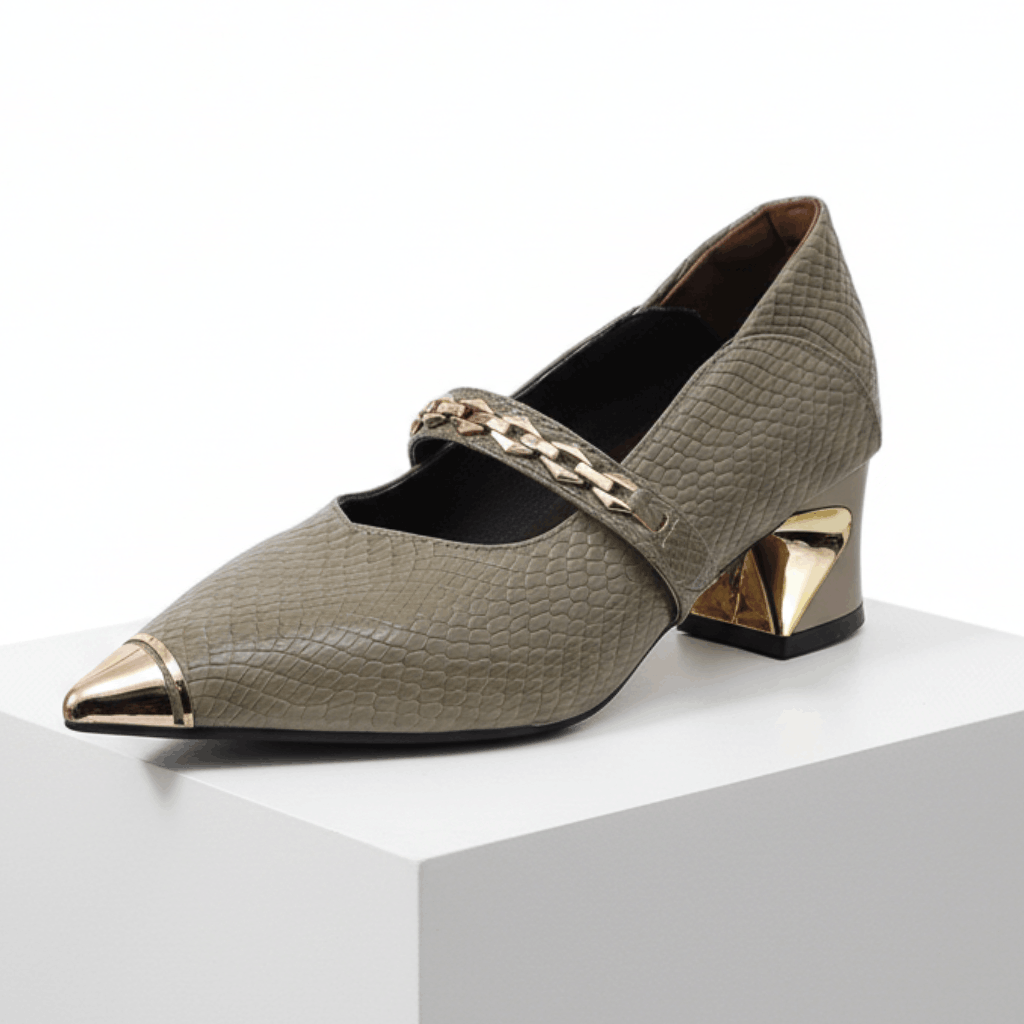 Women's Gold Textured Leather Block Heel Heels Corvine