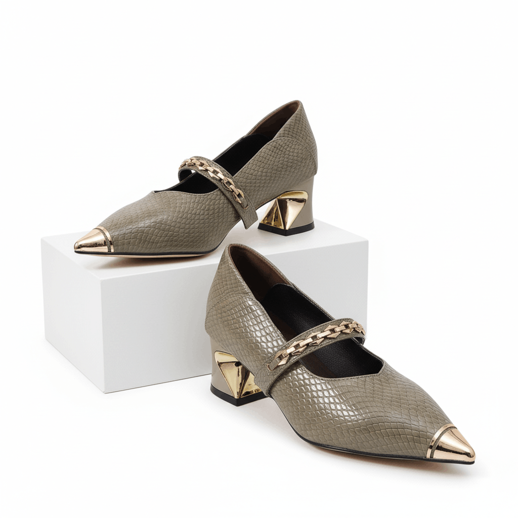 Women's Gold Textured Leather Block Heel Heels Corvine