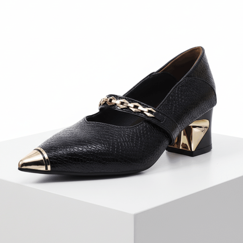 Women's Gold Textured Leather Block Heel Heels Corvine