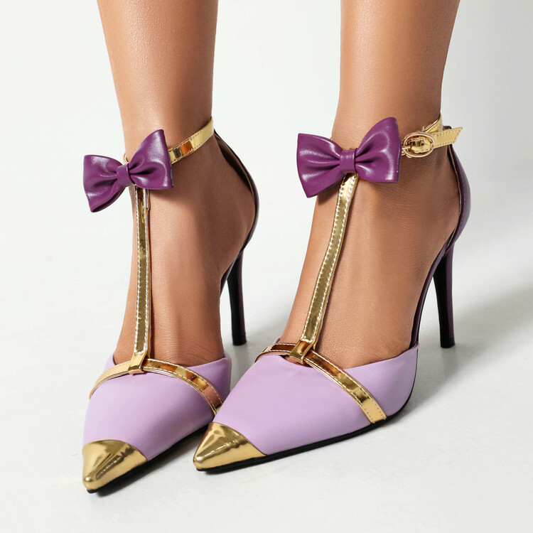 Women's Gold Vegan Leather Bow Accent Stiletto Heels Corvine
