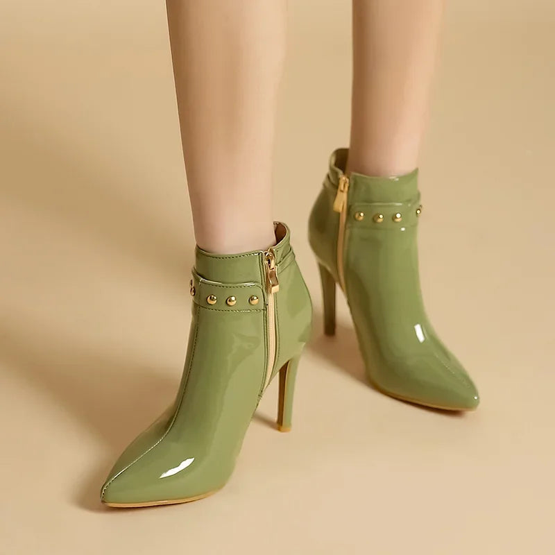 Women's High-Gloss Patent Leather Stiletto Ankle Boots Corvine