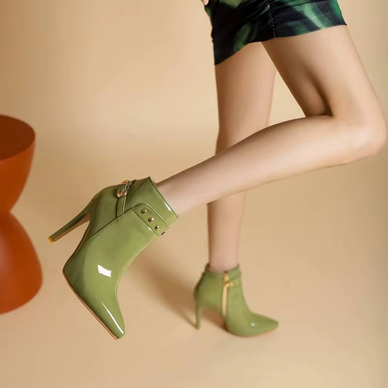 Women's High-Gloss Patent Leather Stiletto Ankle Boots Corvine