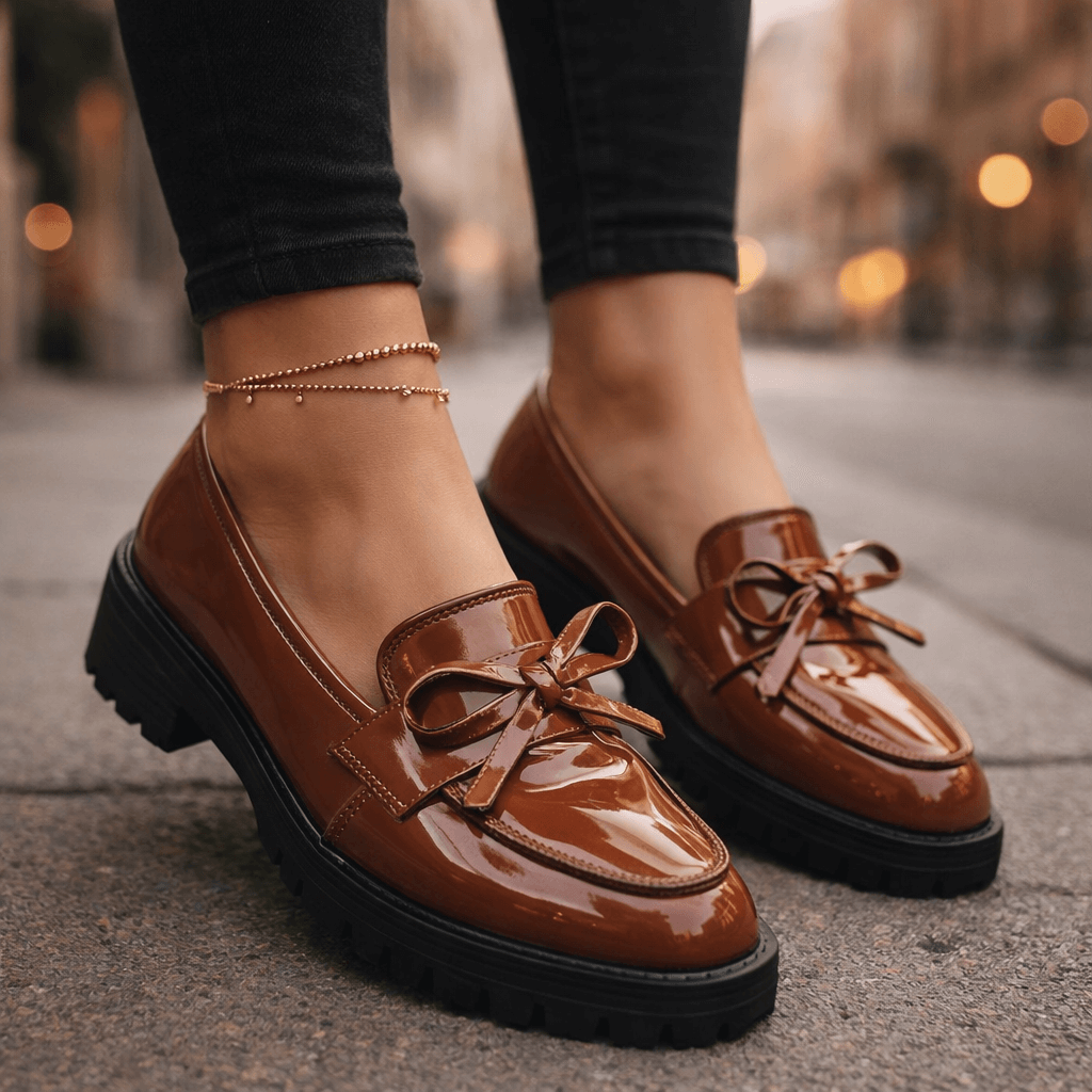 Women's High-Shine Leather Platform Loafers | Chunky Grip Sole with Bow Detail