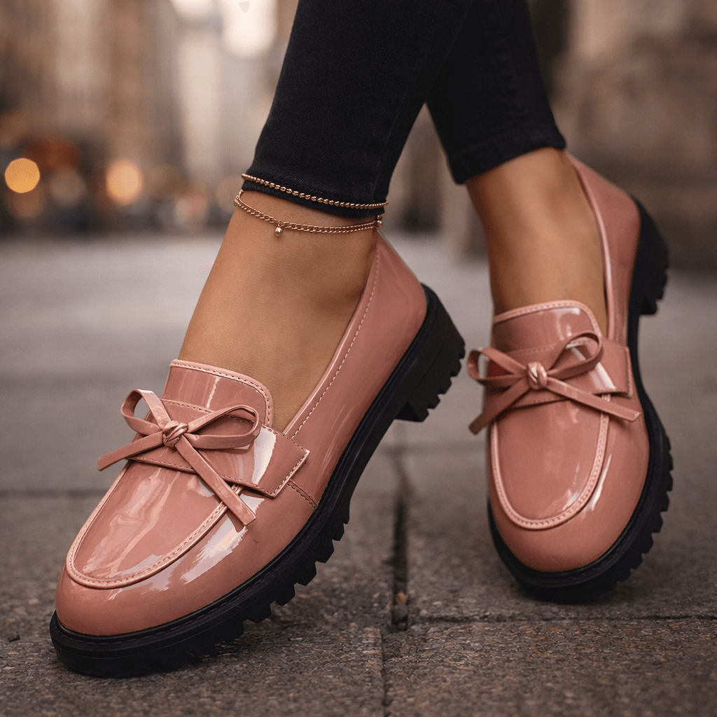 Women's High-Shine Leather Platform Loafers | Chunky Grip Sole with Bow Detail