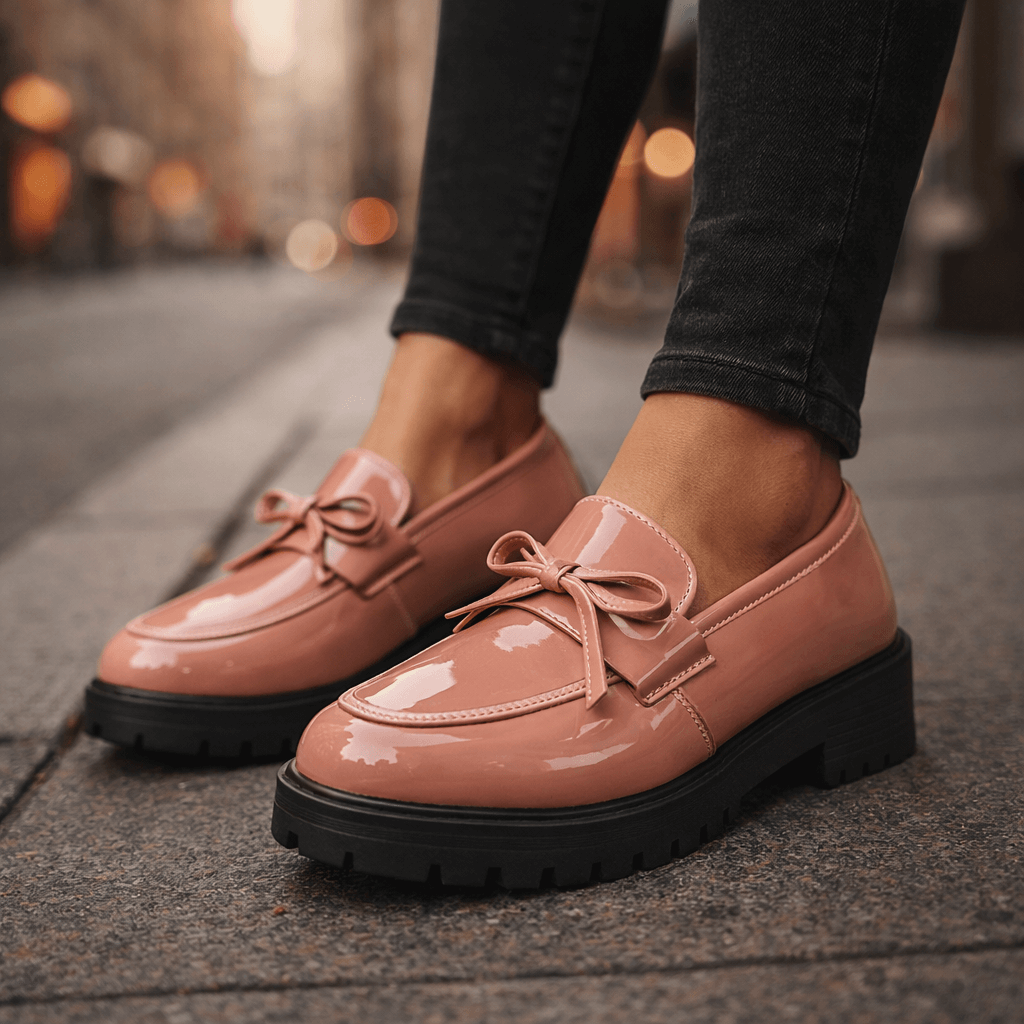 Women's High-Shine Leather Platform Loafers | Chunky Grip Sole with Bow Detail