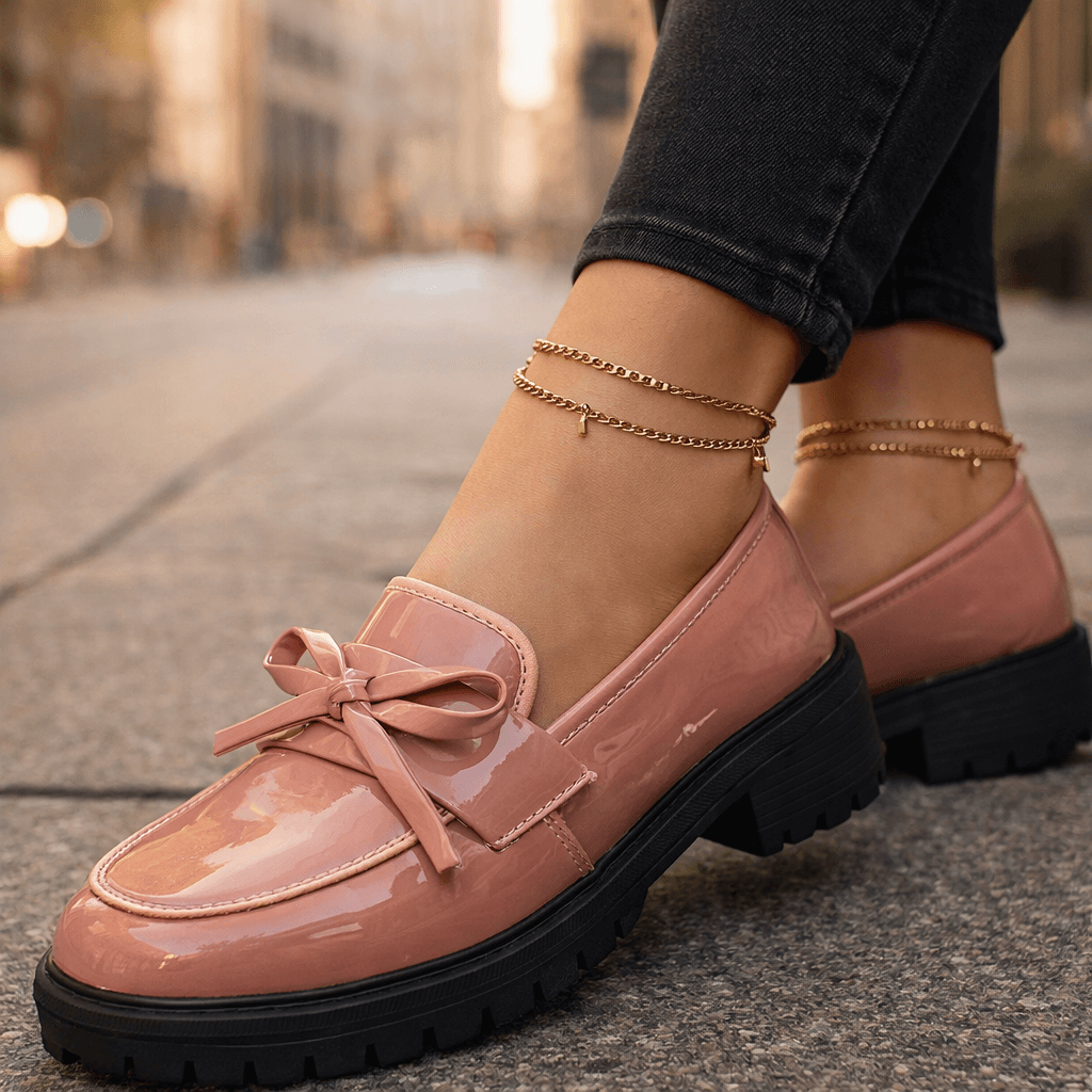 Women's High-Shine Leather Platform Loafers | Chunky Grip Sole with Bow Detail