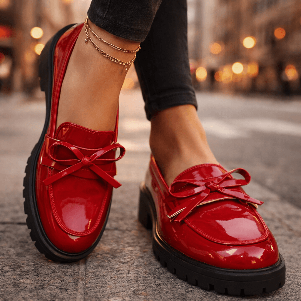 Women's High-Shine Leather Platform Loafers | Chunky Grip Sole with Bow Detail