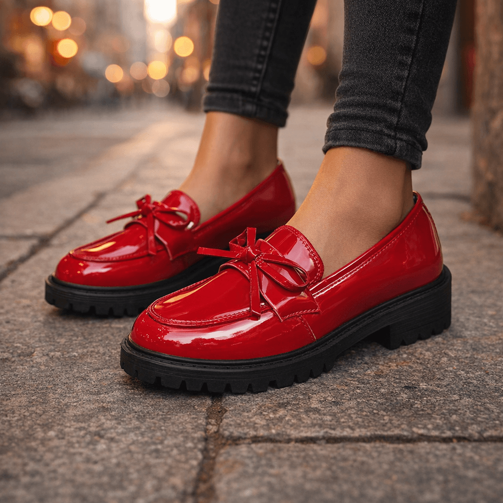 Women's High-Shine Leather Platform Loafers | Chunky Grip Sole with Bow Detail