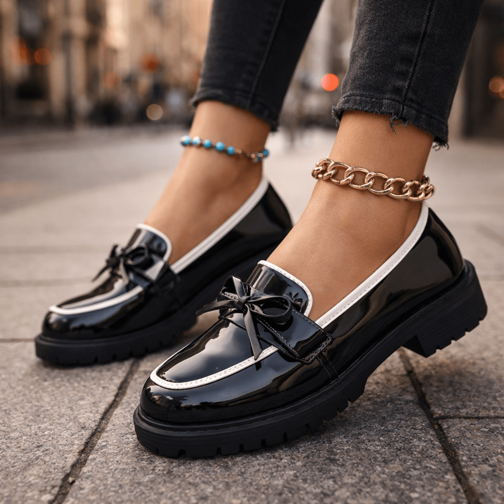 Women's High-Shine Leather Platform Loafers | Chunky Grip Sole with Bow Detail