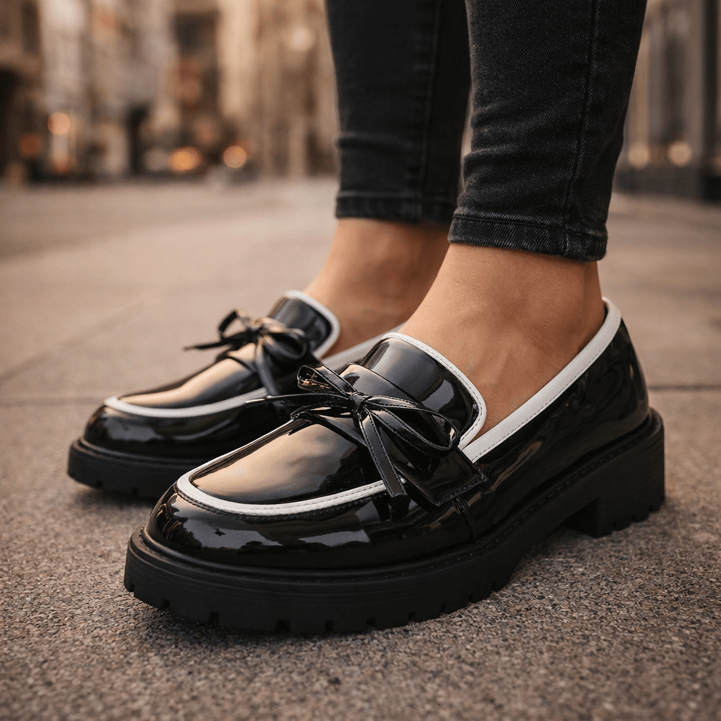 Women's High-Shine Leather Platform Loafers | Chunky Grip Sole with Bow Detail