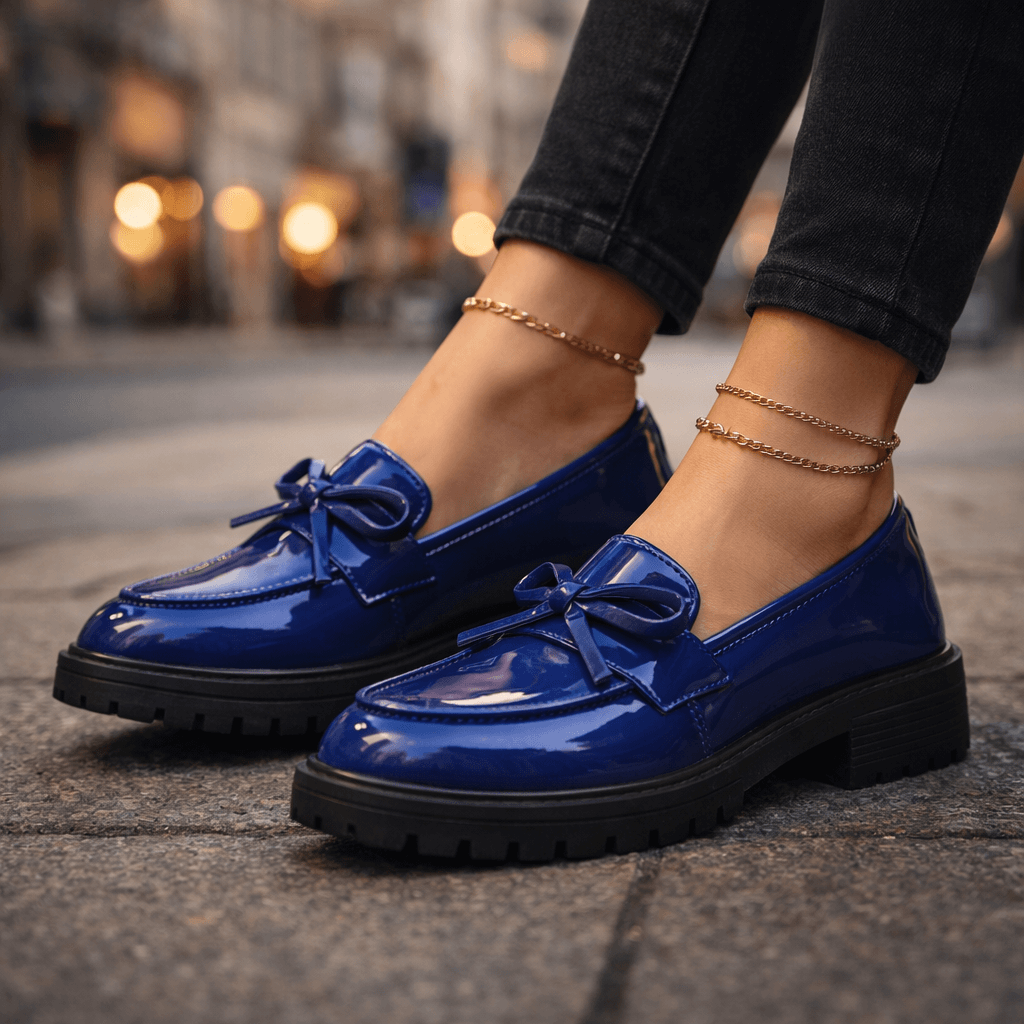 Women's High-Shine Leather Platform Loafers | Chunky Grip Sole with Bow Detail