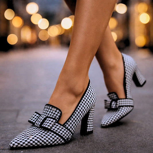 Women's Houndstooth Pattern Block Heel Heels Corvine