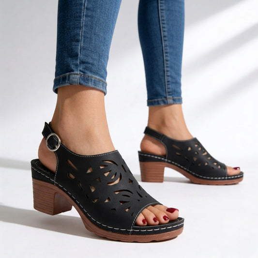 Women's Laser-Cut Leather Block Heel Sandals Corvine