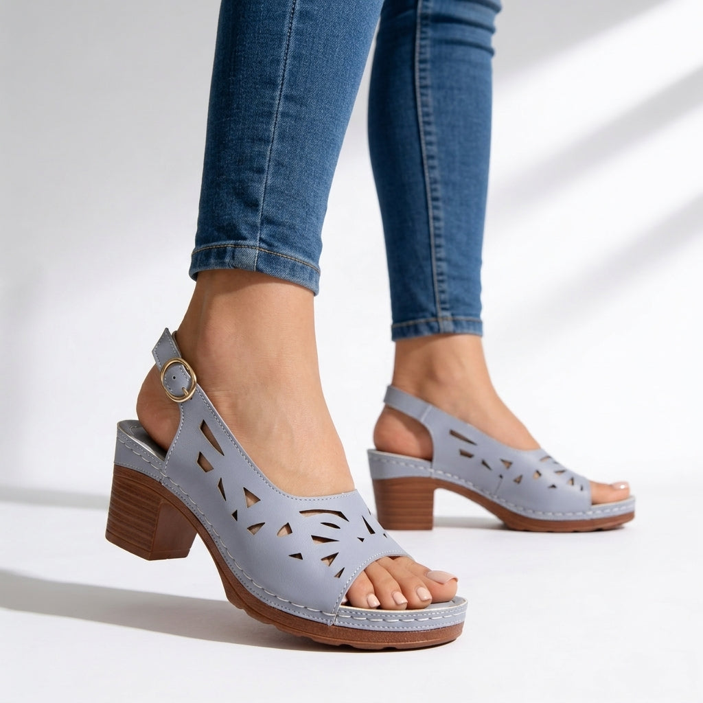 Women's Laser-Cut Leather Block Heel Sandals Corvine