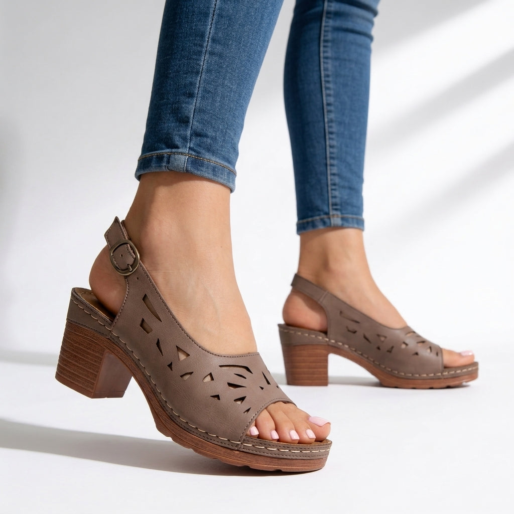 Women's Laser-Cut Leather Block Heel Sandals Corvine