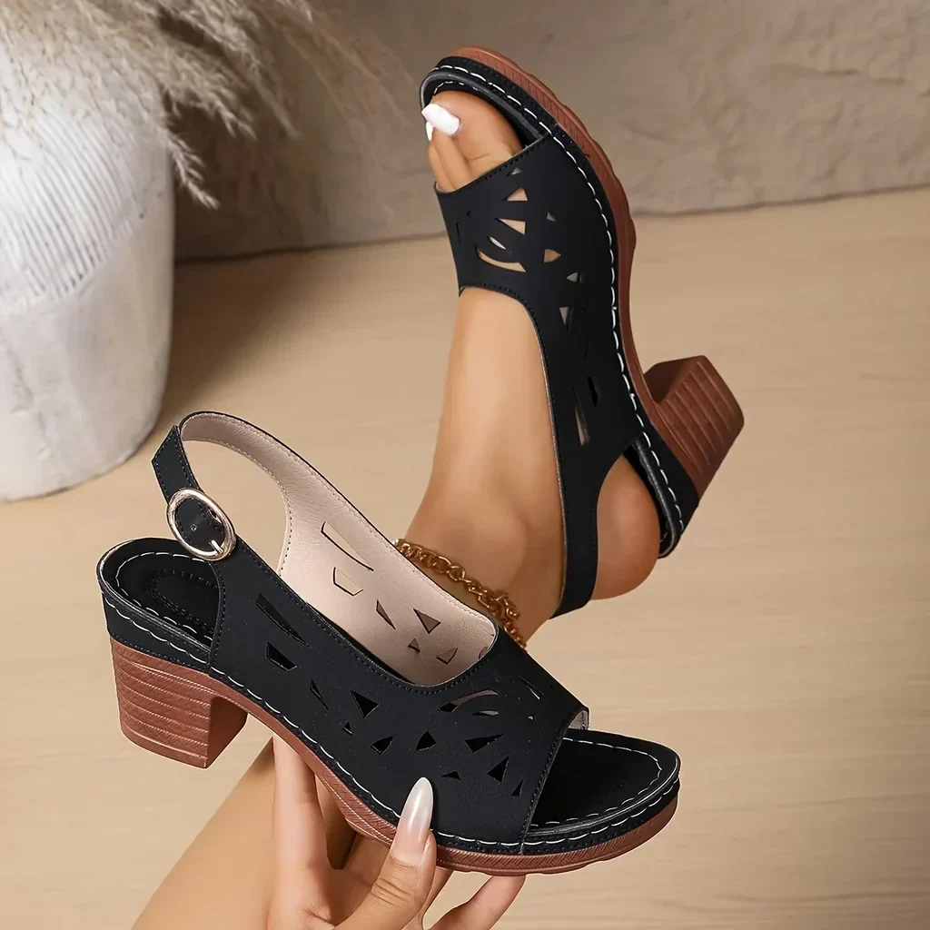 Women's Laser-Cut Leather Block Heel Sandals Corvine