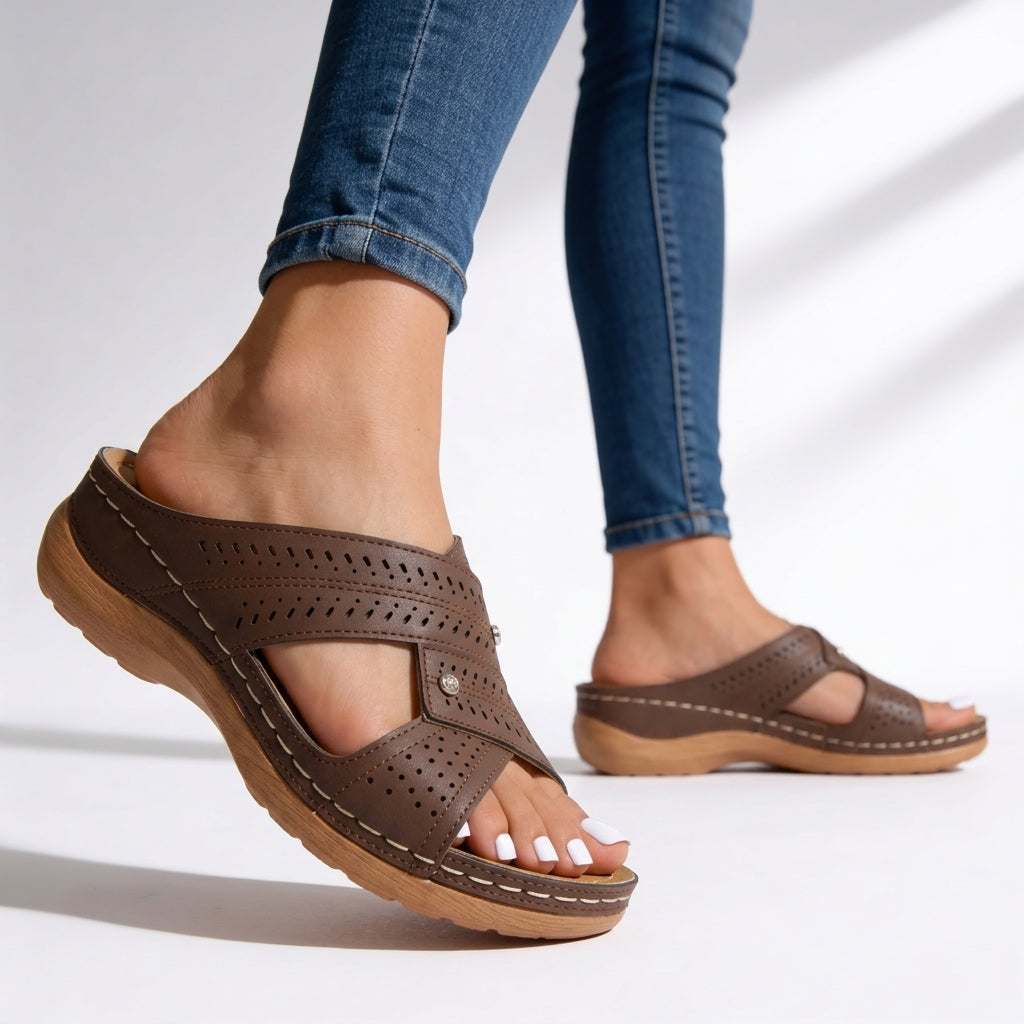 Women's Leather-Look Open-Toe Slide Sandals Corvine
