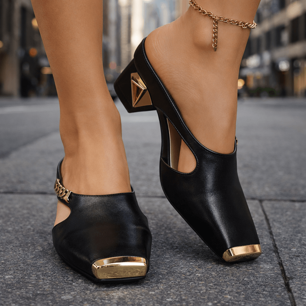 Women's Leather Gold-Tipped Heeled Mules Shoes Corvine