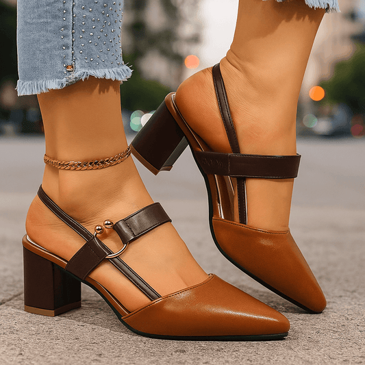 Women's Leather Slingback Heels | Elegant Gold Block Heels with Pointed Toe