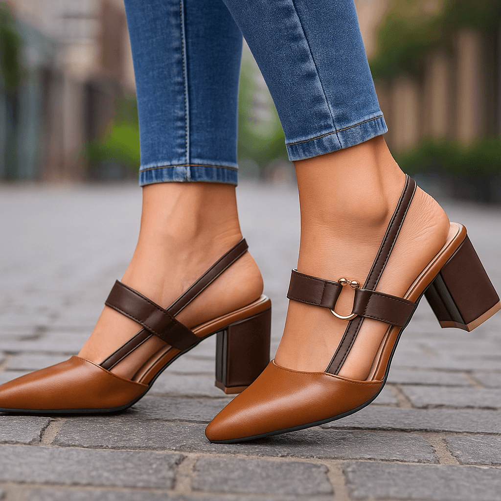 Women's Leather Slingback Heels | Elegant Gold Block Heels with Pointed Toe