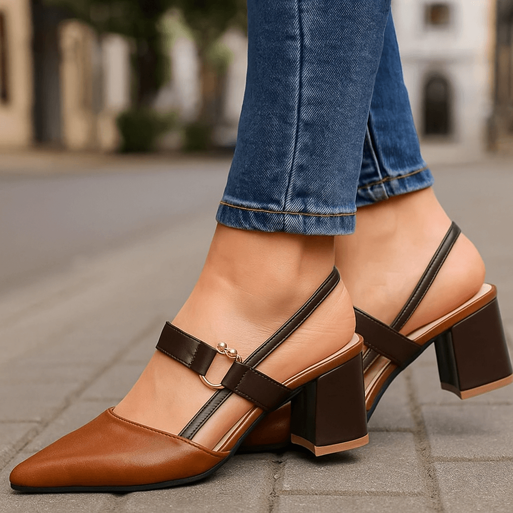 Women's Leather Slingback Heels | Elegant Gold Block Heels with Pointed Toe