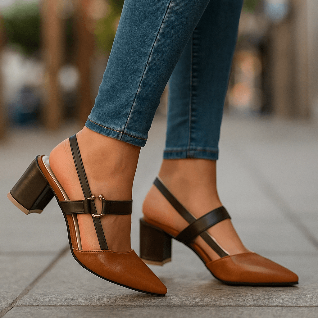 Women's Leather Slingback Heels | Elegant Gold Block Heels with Pointed Toe
