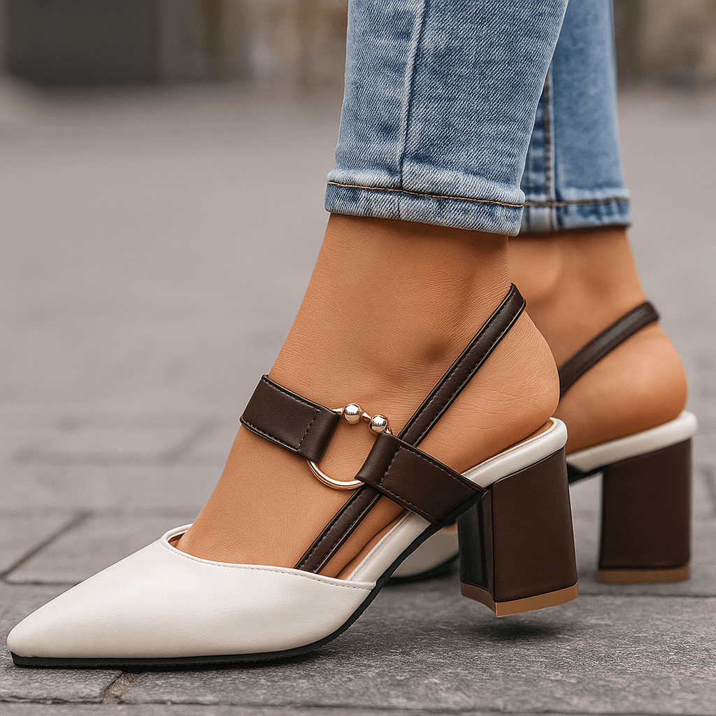 Women's Leather Slingback Heels | Elegant Gold Block Heels with Pointed Toe