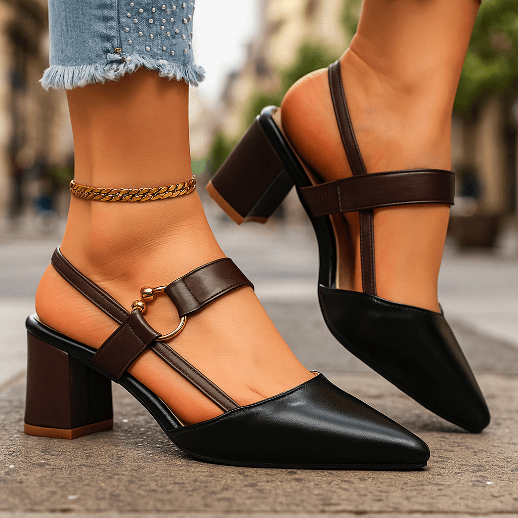 Women's Leather Slingback Heels | Elegant Gold Block Heels with Pointed Toe