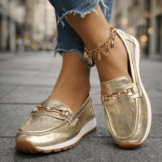 Women's Metallic Leather Platform Loafers | Stylish Cushioned Slip-On Shoes