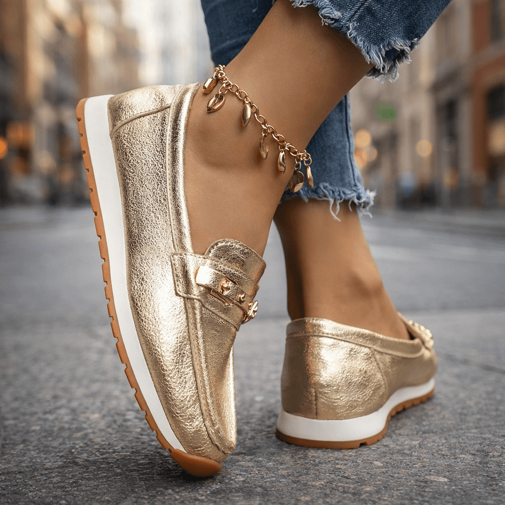 Women's Metallic Leather Platform Loafers | Stylish Cushioned Slip-On Shoes