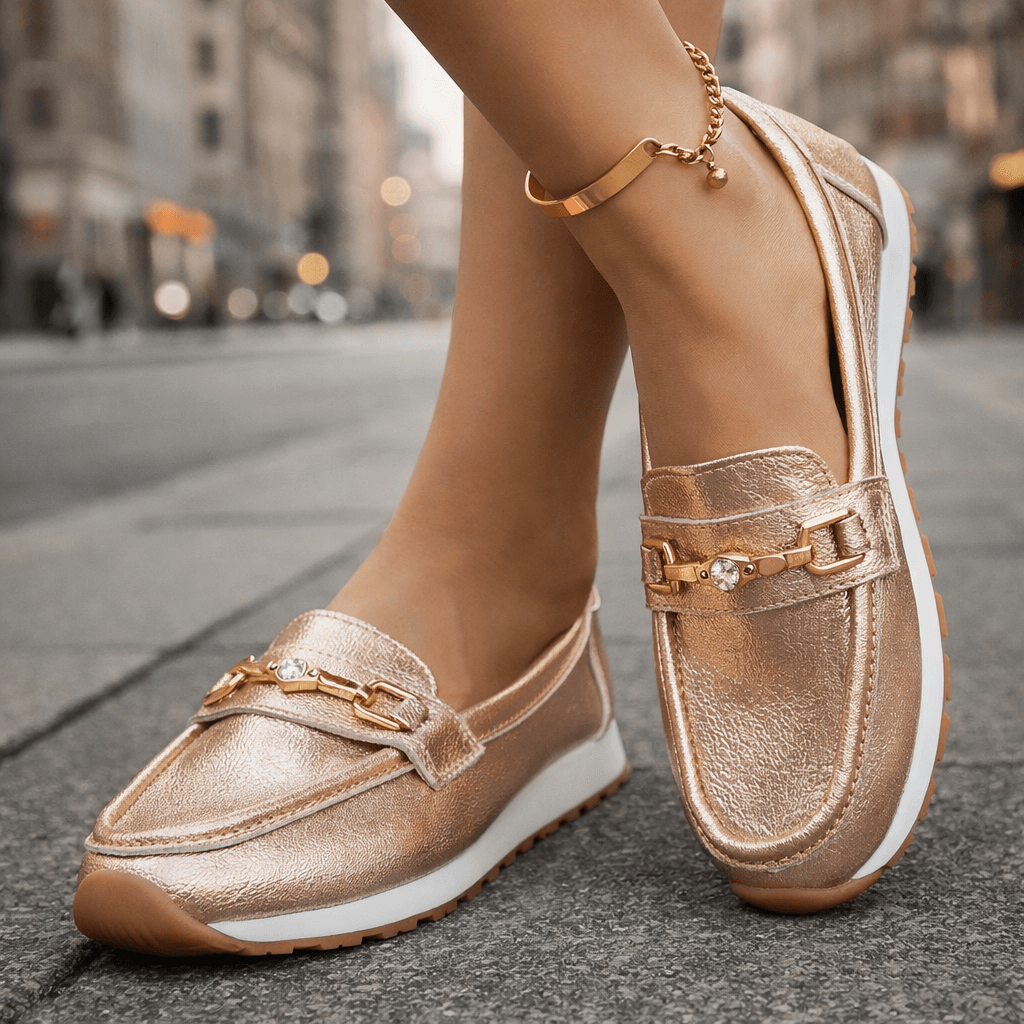 Women's Metallic Leather Platform Loafers | Stylish Cushioned Slip-On Shoes