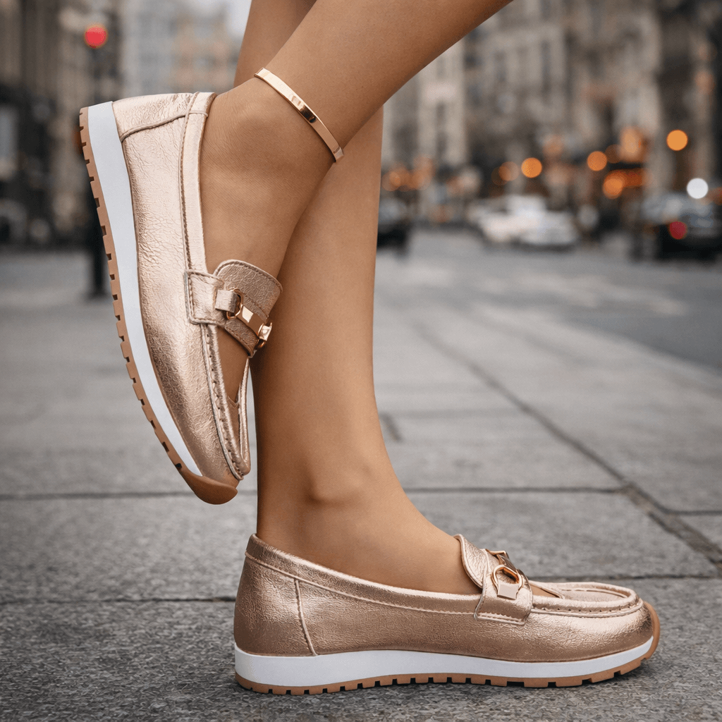 Women's Metallic Leather Platform Loafers | Stylish Cushioned Slip-On Shoes