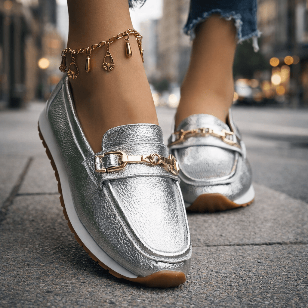 Women's Metallic Leather Platform Loafers | Stylish Cushioned Slip-On Shoes