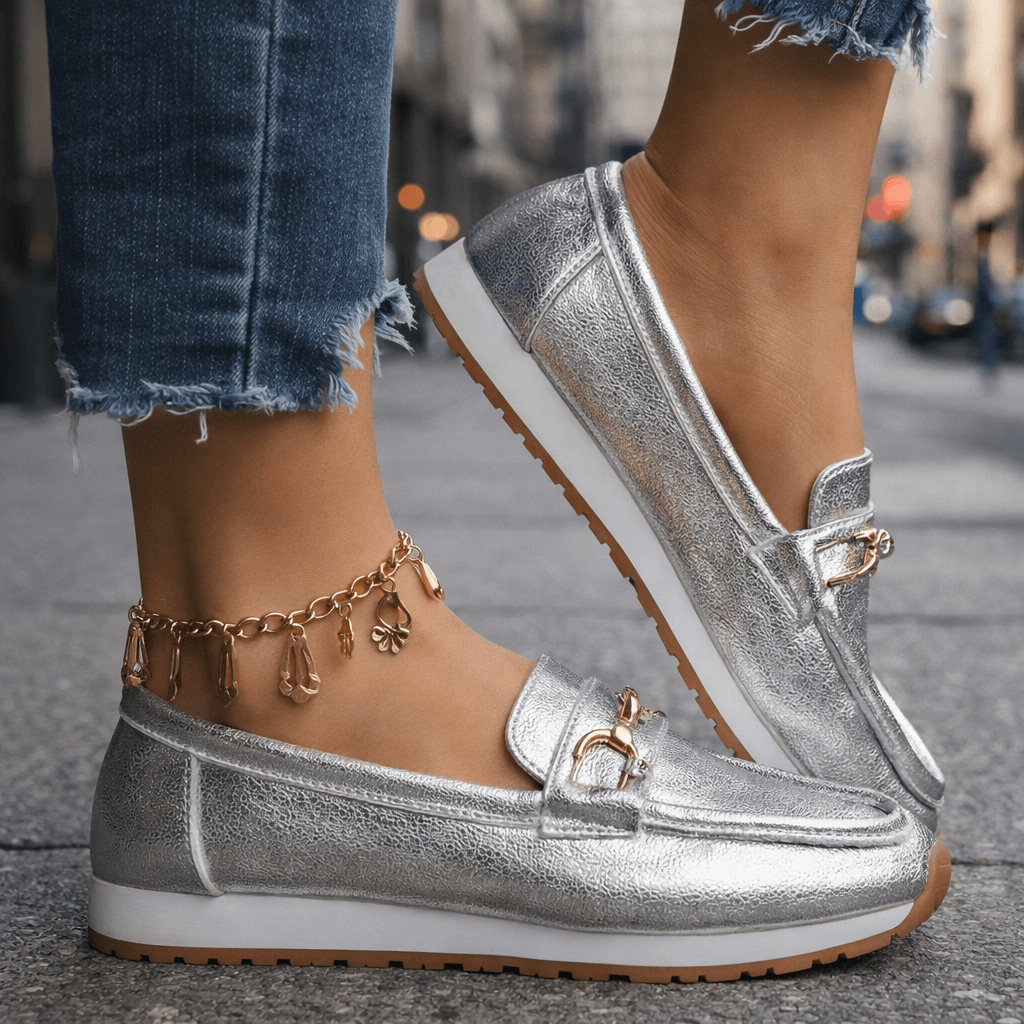 Women's Metallic Leather Platform Loafers | Stylish Cushioned Slip-On Shoes