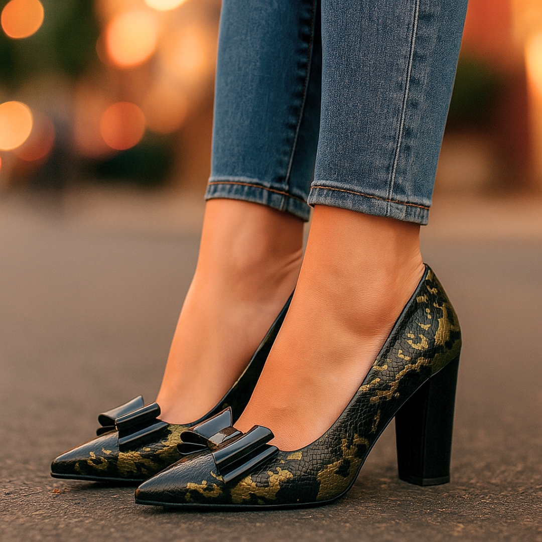 Women's Metallic Snake-Textured Block Heel Heels Corvine