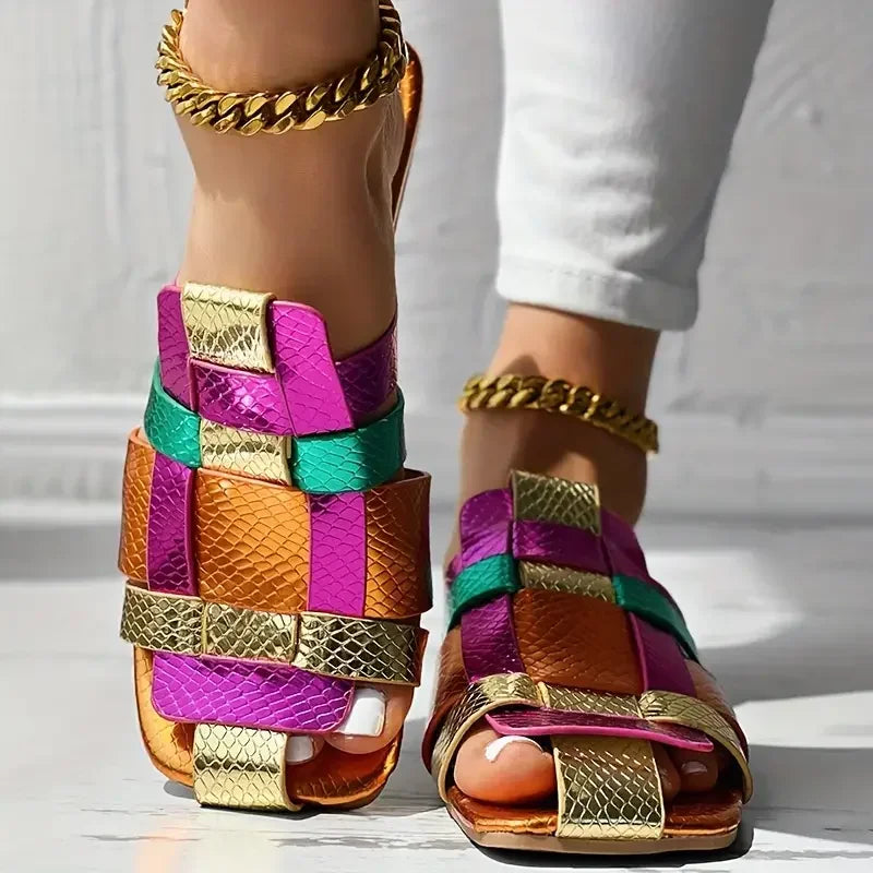 Women's Metallic Woven Square-Toe Sandals Corvine