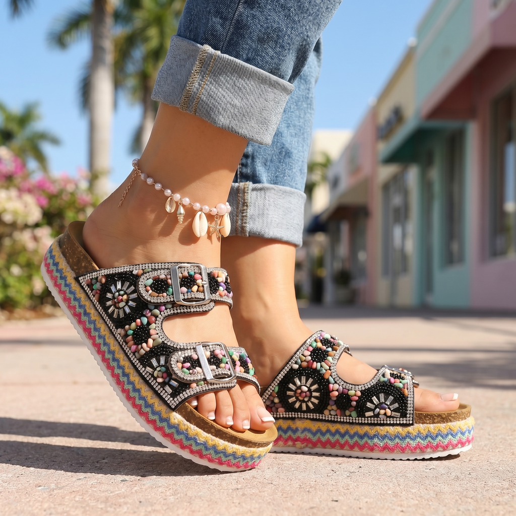 Women's Mosaic Fabric Platform Slides Corvine