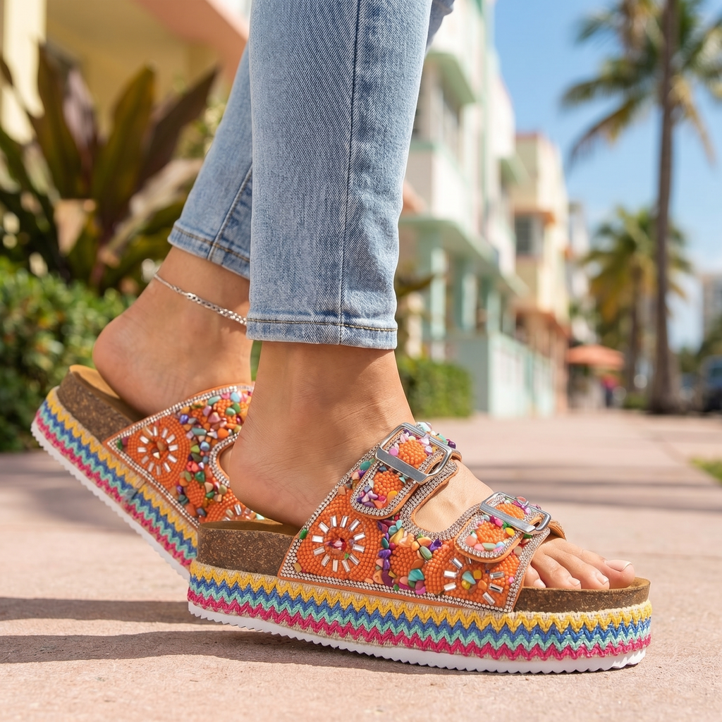Women's Mosaic Fabric Platform Slides Corvine