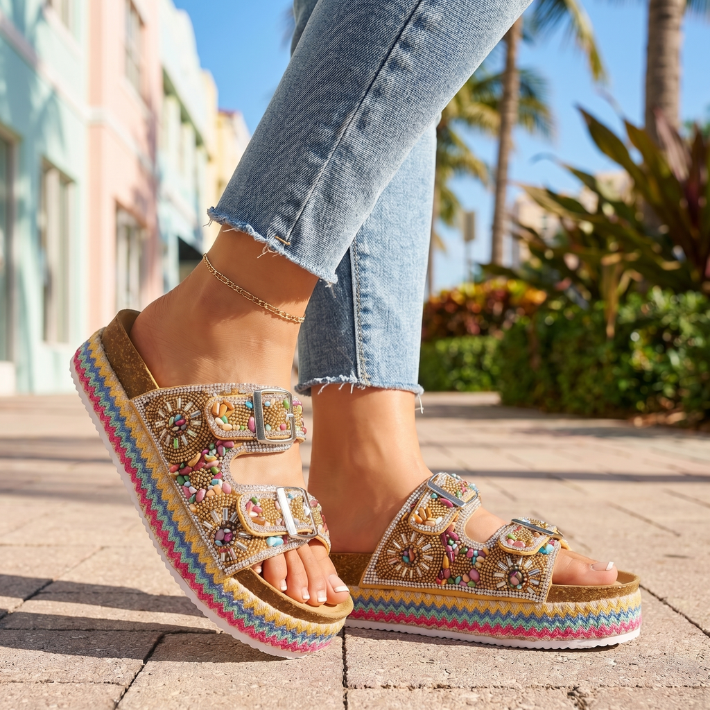 Women's Mosaic Fabric Platform Slides Corvine