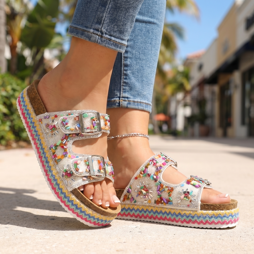 Women's Mosaic Fabric Platform Slides Corvine