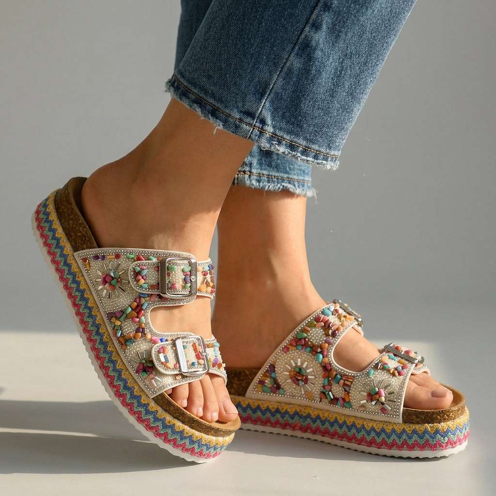 Women's Mosaic Fabric Platform Slides Corvine