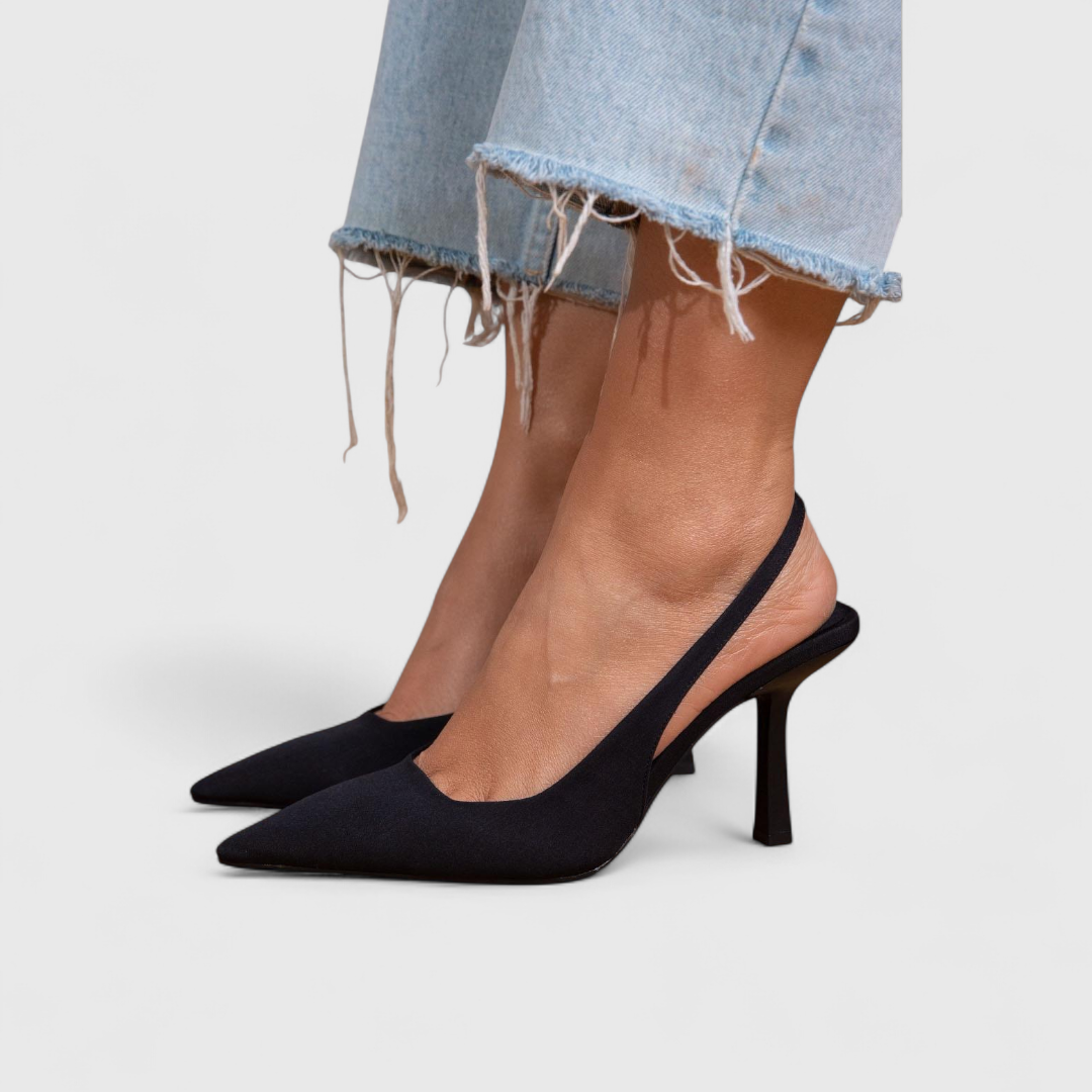 Women's Open Toe Black Leather Heels Corvine