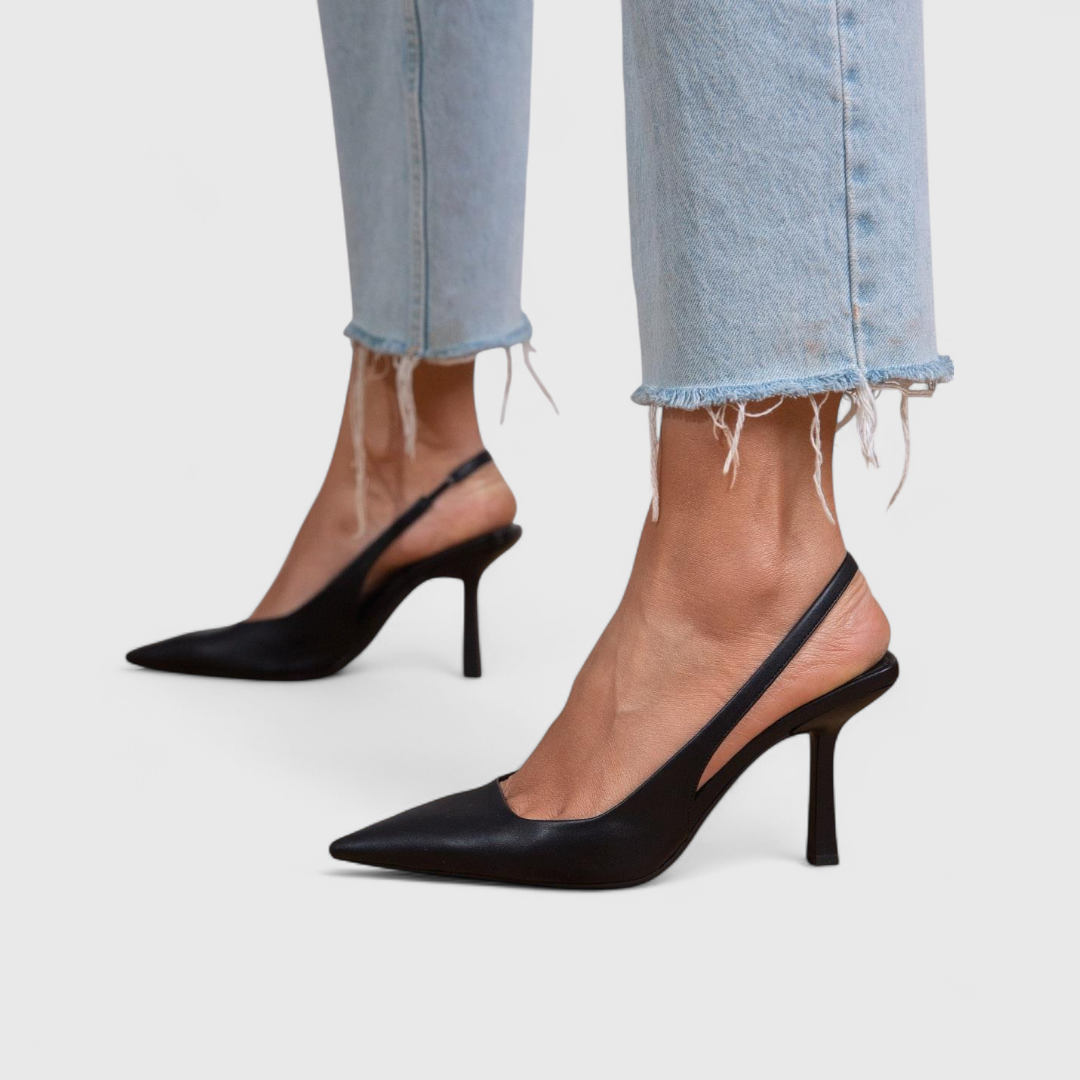 Women's Open Toe Black Leather Heels Corvine