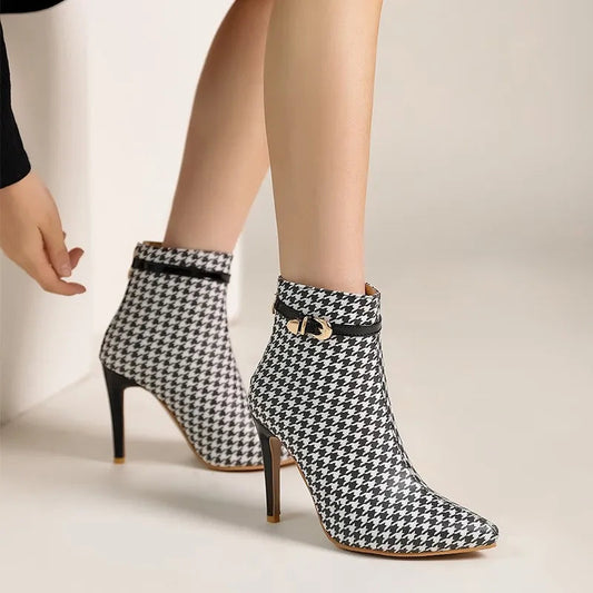 Women's Patent Leather Houndstooth Stiletto Ankle Boots Corvine