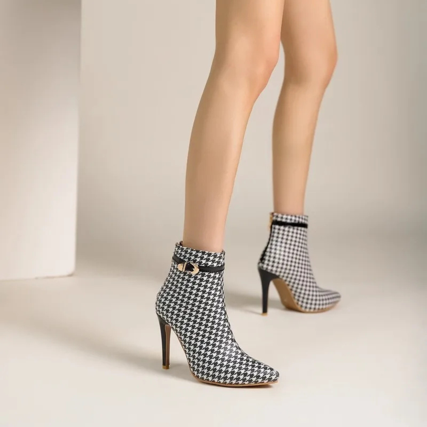 Women's Patent Leather Houndstooth Stiletto Ankle Boots Corvine