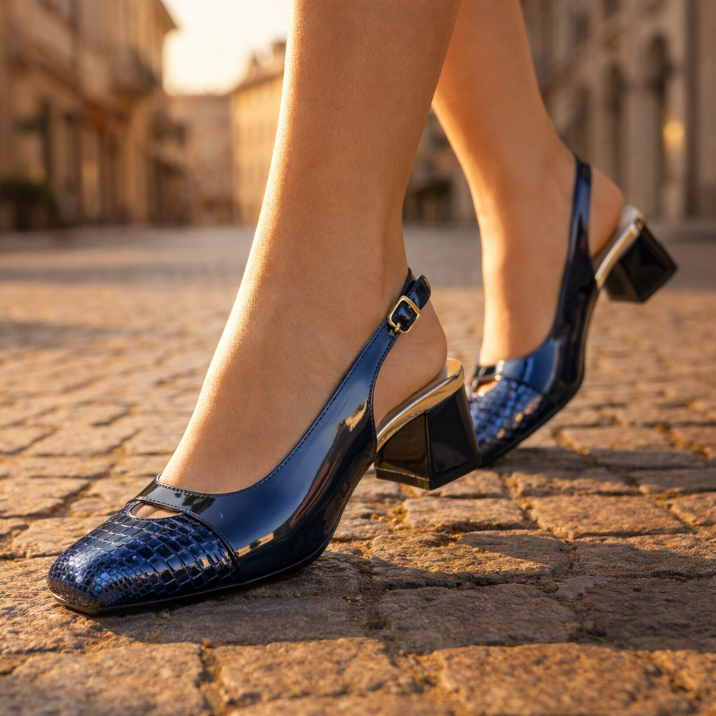 Women's Patent Leather Slingback Block Heel Shoes Corvine