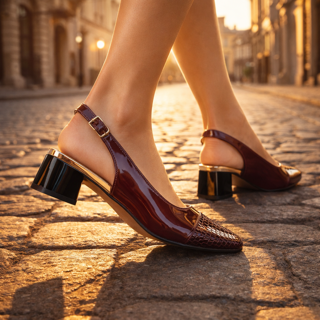 Women's Patent Leather Slingback Block Heel Shoes Corvine