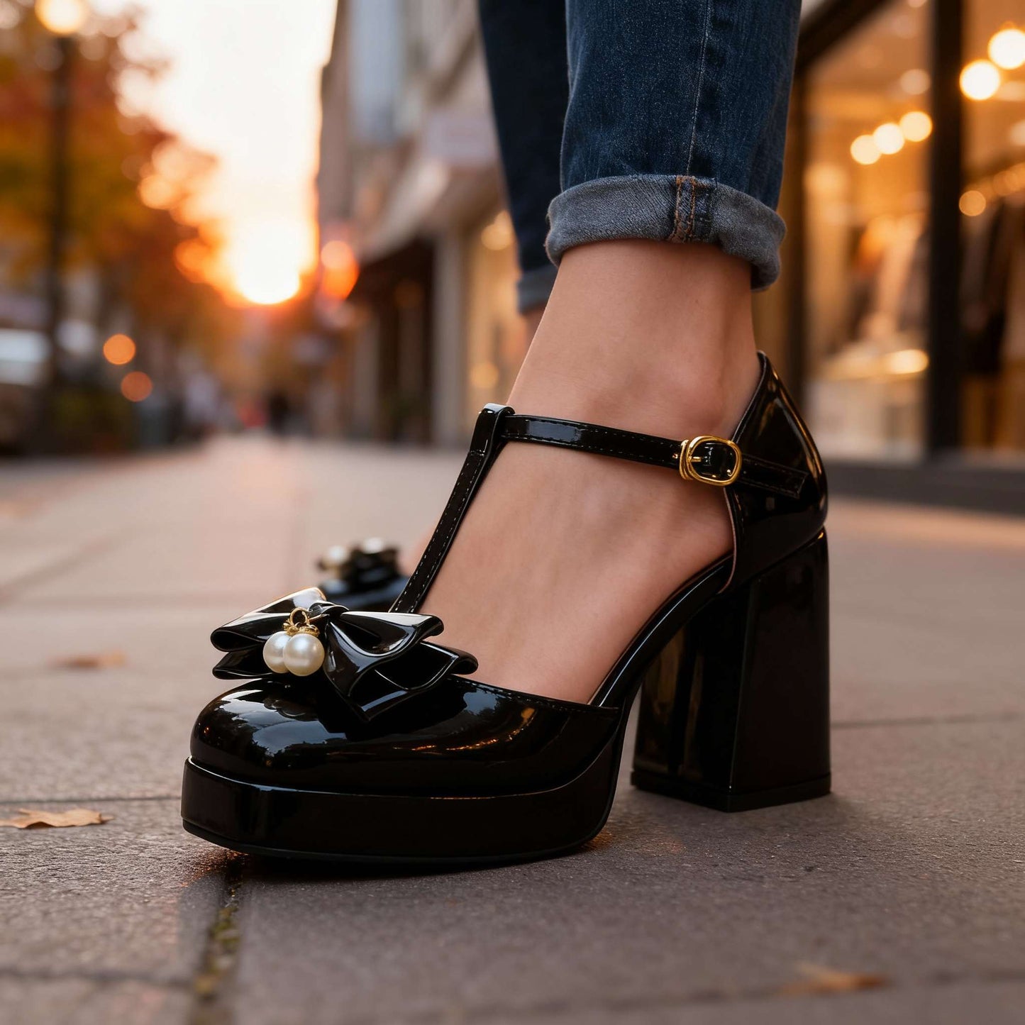 Women's Patent T-Strap Bow Pearl Heels Corvine